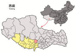 Location of Namling County (red) within Shigatse City (yellow) and the Tibet Autonomous Region