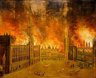 Représentation anonyme de la Grand-Place en feu après le bombardement de Bruxelles en août 1695 (musée de la ville de Bruxelles). (définition réelle 3 054 × 2 475)