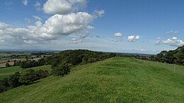 A grassy hill with trees in the background. The hill falls away steeply to the left of the image, and less so to the right.