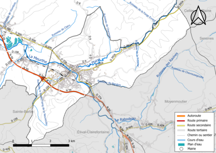 Carte en couleur présentant le réseau hydrographique de la commune