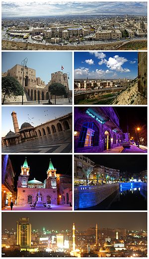 de cima para baixo e da esquerda para a direita: Cidade Antiga de Alepo; Cidadela de Alepo; Soco de Al-Madina; Grande Mesquita de Alepo; Hotel Baron; Catedral de Santo Elias; rio Quwēq; panorama noturno