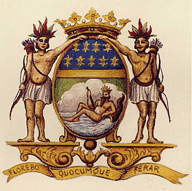 The French East India Company's coat of arms, with its moto : "Florebo quocumque ferar" (i will flourish wherever I will be brought."