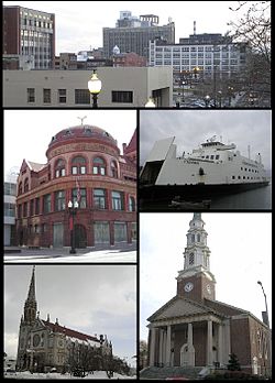 Clockwise from top: Downtown, the Bridgeport & Port Jefferson Ferry, the United Congregational Church, St Patrick’s Church, and the PT Barnum Museum