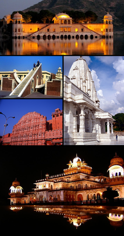 Theo chiều kim đồng hồ: Jal Mahal, Birla Mandir, Jaipur, Bảo tàng Albert, Hawa Mahal, Jantar Mantar