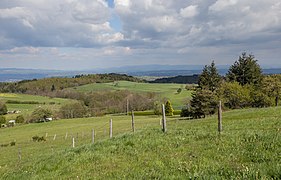 Les monts du Forez depuis la table d'orientation de Marols, dans le sud-ost. À l'arrière-plan, la plaine et les monts du Pilat.