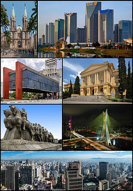 Boppe, lofts nei rjochts: São Paulo katedraal; Torre Norte: sakesintrum Feriene Naasjes; São Paulo Museum fan de Keunsten oan Paulista Avenue; Paulista Museum; Bandeiras Monumint; Octávio Frias de Oliveira-brêge; stedssilhûet sintrum.