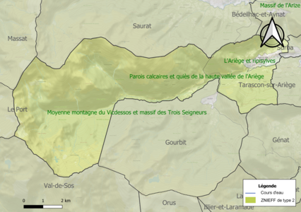 Carte des ZNIEFF de type 2 sur la commune.