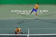 Marcelo Melo (hinten) und Bruno Soares im Achtelfinale gegen das serbische Doppel Novak Đoković/Nenad Zimonjić in Rio 2016