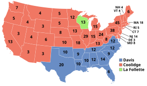 Kort over, hvem, der har vandt hvilke stater (blå=Davis, rød=Coolidge, grøn=La Follette)