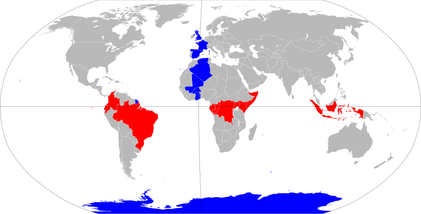 Negara-negara yang berada pada garis khatulistiwa (merah), sedangkan biru adalah negara-negara yang berada pada garis meridian utama.