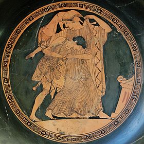 Enlèvement de Thétis par Pélée, intérieur d'un kylix à figures rouges, v. 490 av. J.-C., Cabinet des médailles de la Bibliothèque nationale de France.