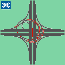 ¼ Kleeblatt + ¾ Turbine ist vollentflochten und platzsparend, hat enge Kurven. Ist in den USA und häufig in chinesischen Metropolen zu finden sowie als Knooppunt Amstel bei Amsterdam und als Autobahnkreuz Duisburg-Nord.