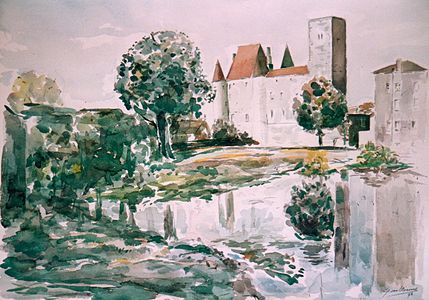 Léon Van Dievoet, Château de Nemours et le Loing (1975), aquarelle.