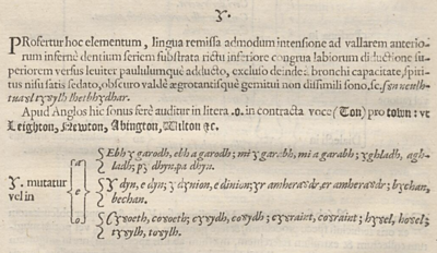 Description de la lettre galloise ỿ dans Cambrobrytannicae Cymraecaeve linguae institutiones et rudimenta, 1592.