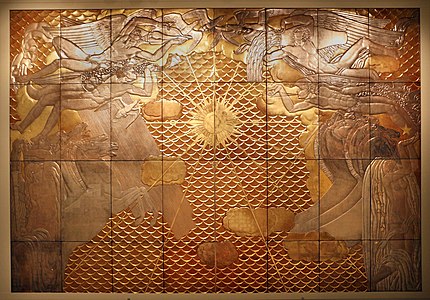 Jean Dunand and Jean Dupas, Panel of Chariot of Aurora, lacquer and metal, gesso (1935), (Carnegie Museum of Art).