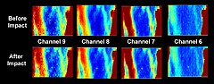 Mapes tèrmics preliminars, sense calibrar de l' LRO/Diviner del lloc d'impacte de Centaur/LCROSS fetes dues hores abans de l'impacte i 90 segons després de l'impacte. La signatura tèrmica de l'impacte es va detectar clarament en tots quatre canals de cartografia tèrmica.