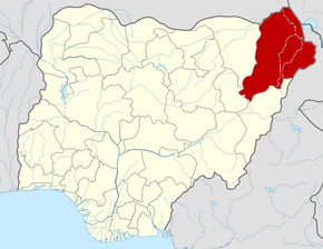 Harta statului Borno în cadrul Nigeriei