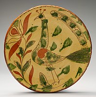 Dish with sgraffito decoration, inscribed "1793 HR", perhaps for Heinrich Roth, a potter then active in Northampton County, Pennsylvania.