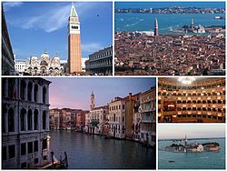 Një kolazh i Venecias: në krye të majtë është Piazza San Marco, e ndjekur nga një pamje e qytetit, më pas Kanali i Madh dhe pjesa e brendshme e La Fenice, si dhe ishulli San Giorgio Maggiore.