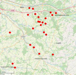 Carte en couleurs représentant l'emplacement de lieux pillés par une bande de malfaiteurs.