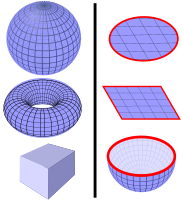 Some examples of closed surfaces (left) and surfaces with boundaries (right). Left: Surface of a sphere, surface of a torus, surface of a cube. Right: Disk surface, square surface, surface of a hemisphere. (The surface is blue, the boundary is red.) The surfaces on the left can be used in Gauss's law for magnetism, the surfaces on the right can be used in Faraday's law of induction.