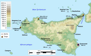 A relief map of Sicily showing the main cities at the time of the First Punic War