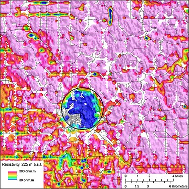 Mapa aeri de resistivitat electromagnètica del cràter Decorah (USGS)
