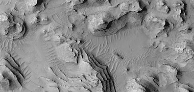 Close view of layers, as seen by HiRISE under HiWish program. A fault is visible.