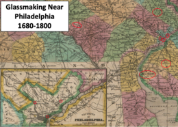 old map of eastern Pennsylvania and New Jersey with glassmaking center circled