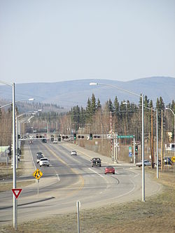 Badger Road is a side road of the Richardson Highway between Fairbanks and North Pole and provides primary access to the majority of the CDP. The Fairbanks end is viewed from the Richardson Highway overpass.