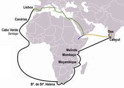 Vasco da Gama flottája Dias útját követve, Afrikát megkerülve jutott Indiába