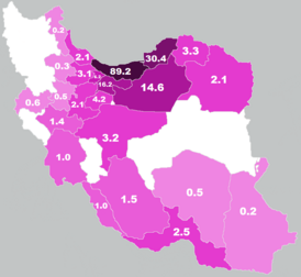 Доля говорящих на мазандеранском языке в зависимости от провинции Ирана (2010)