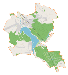 Mapa konturowa gminy Poraj, po lewej nieco na dole znajduje się punkt z opisem „Gęzyn”