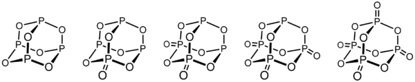 Phosphorus oxides: P4O6, P4O7, P4O8, P4O9, and P4O10.