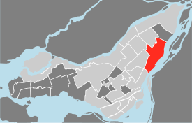 Map of the island of Montreal, with Mercier–Hochelaga-Maisonneuve in red.