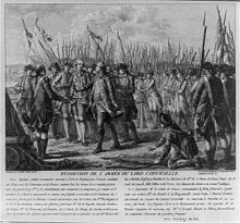 French engraving depicting the surrender of Lord Cornwallis, 19 October 1781 at Yorktown.