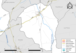 Carte en couleur présentant le réseau hydrographique de la commune