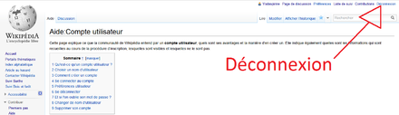 Foto ekran nan yon paj Wikipedya ak yon flèch ki montre ki kote pou klike pou dekonekte