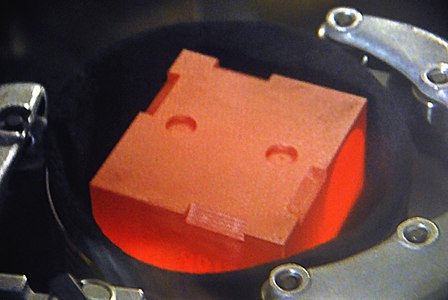 Red-hot shell containing plutonium undergoing nuclear decay, inside the Mars Science Laboratory MMRTG.[40] MSL was launched in 2011 and landed on Mars in August 2012.