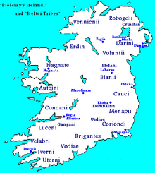 Cartographie schématique de l'établissement des Gaëls d'Irlande, d'après Ptolémée.