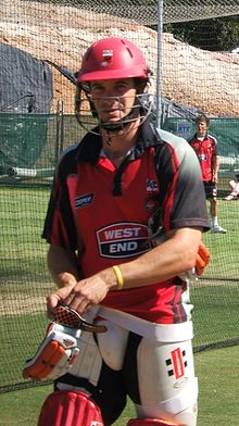 A cricketer stands in batting equipment looking at the camera
