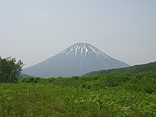 Photo couleur d'un volcan au sommet enneigé sous un ciel bleu avec de la verdure au premier plan.