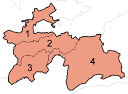 1為索格特區、2為國家直轄區、3為哈特隆區、4為戈爾諾－巴達赫尚自治州