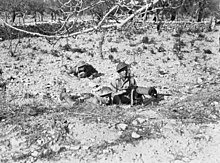 Soldiers behind a machine gun in the desert