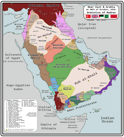 Jabal Shammar (center, light red) at the end of World War I (1918)