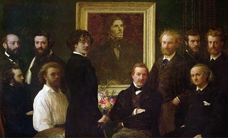 Henri Fantin-Latour: Hommage à Delacroix, 'Hyldest til Delacroix' 1864. (Manet stående ved den lyse, højre ramme, se:[note 4])