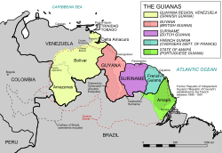 圭亚那地区各组成部份：   委内瑞拉圭亚那（西屬圭亞納）     圭亚那 （英屬圭亞納）     苏里南（荷屬圭亞納）     法属圭亚那     巴西阿马帕州（葡屬圭亞納） 虚线：圭亚那地盾