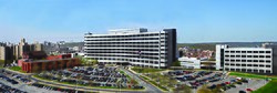 View of James J. Peters VA Medical Center main building on left, research building on right.