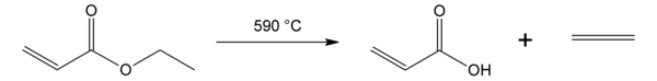 An example of ester pyrolosis. Ethyl acrylate decomposes into acrylic acid and ethene (ethylene) gas at 590°C.