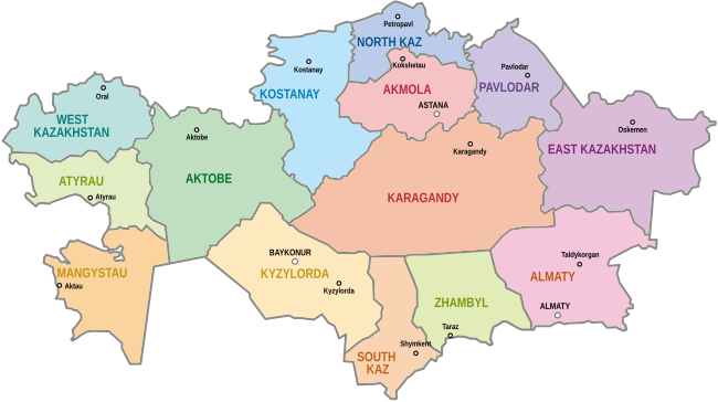 A clickable map o Kazakhstan exhibitin its regions.